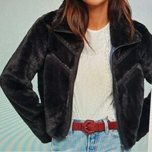 Anthropologie Faux Fur Jacket with Chevron Lace Detail. Black. Size Medium